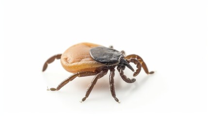 Dangerous tick insect crawls on a white background, highlighting its legs, body, and head, posing health risks due to diseases like lyme and encephalitis
