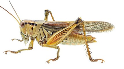 Fototapeta premium Detailed image of a large lubber grasshopper on a white background, emphasizing its complex anatomy