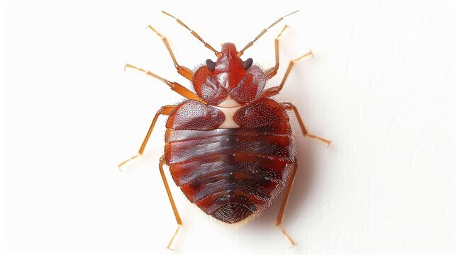 Tiny brown bed bug crawls on a white background, a bloodsucker causing health and hygiene problems in homes