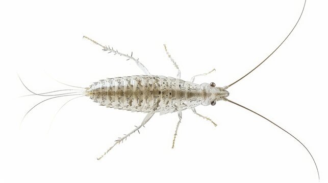 Dorsal view of a brown and white barklouse insect with long antennae and cerci, isolated on a white background