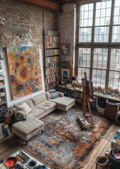 Artistic Studio Apartment An open studio with an artist's easel, paint supplies, and eclectic decor. Include a comfortable sofa, a small kitchen area, and large windows. 