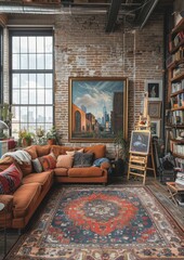 Artistic Studio Apartment An open studio with an artist's easel, paint supplies, and eclectic decor. Include a comfortable sofa, a small kitchen area, and large windows. 