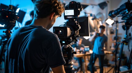 Young Diverse Team Of Filmmakers In A Bright Studio, With A Male Caucasian Videographer Holding A Camera, Surrounded By Lighting Equipment And Colleagues Reviewing Production Notes. 