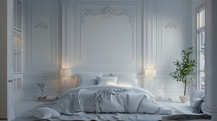 sleek interior with sofa set and decoration with the frames on the wall isolated  and lamp set ted on the white background with bedroom and table