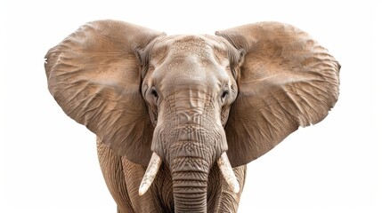 Obraz premium African elephant with big tusks and large ears gazes ahead against a white backdrop