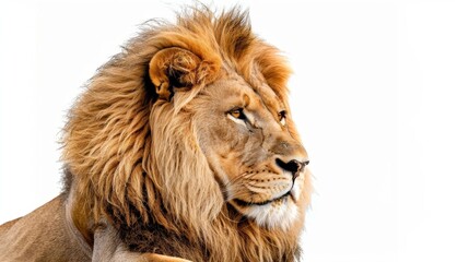 Majestic lion with flowing mane posing against a white background, gazing to the right