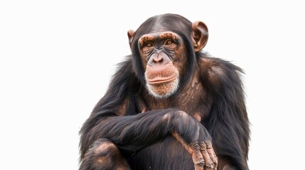Fototapeta premium Thoughtful adult chimpanzee sits against a white background, expressing concern for its endangered species in the jungles of africa