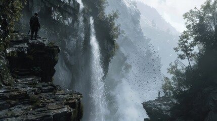 Autumn waterfall in a misty forest