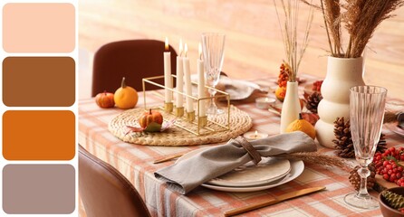Autumn table setting with pumpkins, cones and burning candles. Different color patterns