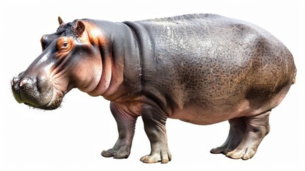 Fototapeta premium Big, mature hippopotamus is standing and gazing slightly to the left of the camera