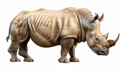 Obraz premium Big mature rhinoceros with dual horns stands facing right within the frame