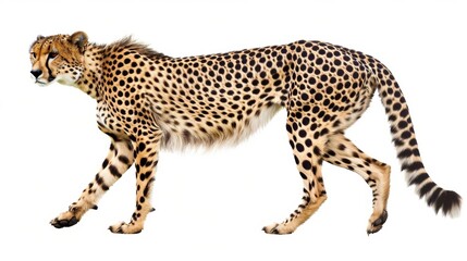 Graceful cheetah walking alone on white background, perfect for text or design elements