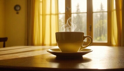 上記の上がるホットコーヒーの入ったコーヒーカップのある部屋