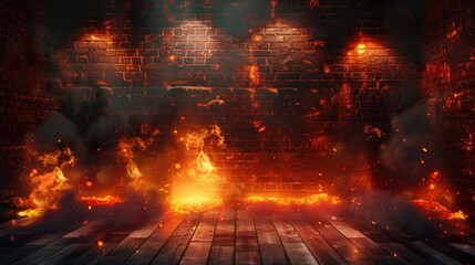 Fototapeta premium Dark basement room, empty old brick wall, sparks of fire and light on the walls and wooden floor. Dark background with smoke and bright highlights. neon lamps on the wall, night view, made by ai