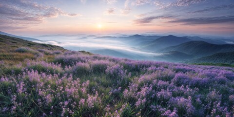 Flowering field high in the mountains in the early gentle morning