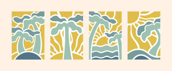 boho groovy palm tree beach sun sea. Surf club vacation and sunny summer day aesthetic . Vector illustration background in trendy retro naive simple style.