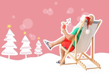 Santa Claus sitting on sun lounger on pink background. Christmas in July