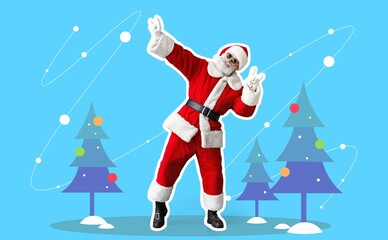 Dancing Santa Claus on blue background. Christmas in July