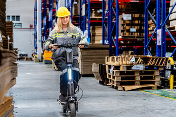 woman riding electric bicycle and checking stock items for shipping. female inspecting the store...