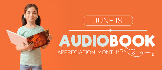 Little girl with earphones and book on color background