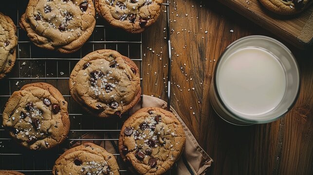Overhead view of chocolate chip cookies cooling on a wire rack sprinkled with flakes of salt accompanied by a glass of chilled milk