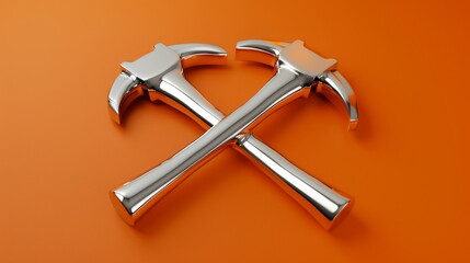 Chrome hammers crossed on an orange background for construction or diy themed designs