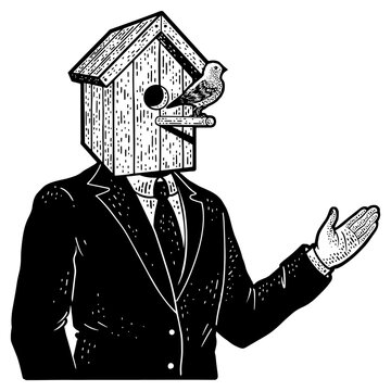 recommend clip art: businessman with birdhouse head sketch engraving PNG illustration. T-shirt apparel print design. Scratch board imitation. Black and white hand drawn image.