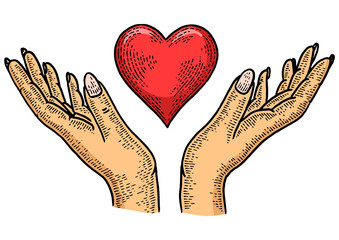 Hands and heart symbol Blood donation color sketch engraving PNG illustration. Tee shirt apparel print design. Scratch board style imitation. Black and white hand drawn image.