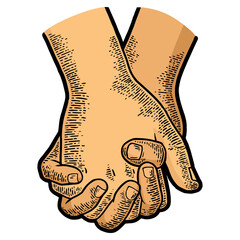 Couple in love hold hands in lock with twisted fingers color sketch engraving PNG illustration. Scratch board style imitation. Hand drawn image.