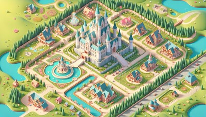 Fairy tale kingdom clipart flat design top view magical empire theme 3D render Colored pastel