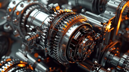 Closeup of shiny metal gears for technology and machinery themed designs