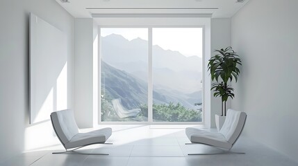 Fototapeta premium sleek interior with sofa set and decoration with the frames on the wall isolated and lamp set ted on the white background with bedroom and table