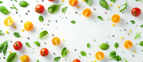 Fresh vegetables on white background with text space. Top-down perspective.