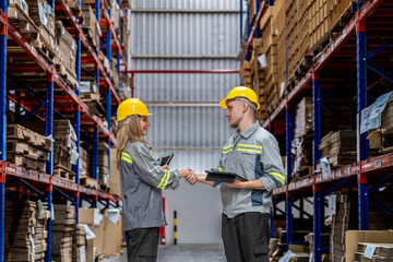 workers walking and checking stock items for shipping. male and female inspecting the store factory. Logistics employees holding folders at on site warehouse area for shipping transportation.