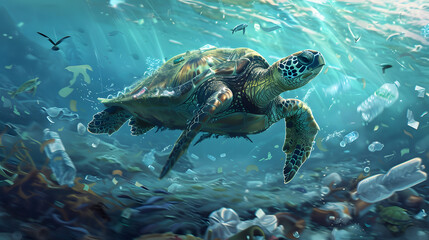 turtle swimming in the ocean amidst plastic waste