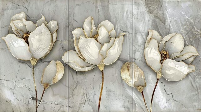 Wall Decoration: Flower Design Panels on Marble Background