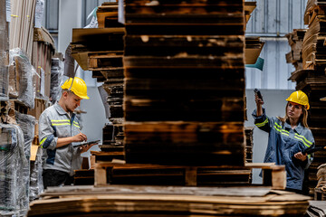 workers walking and checking stock items for shipping. male and female inspecting the store factory. Logistics employees holding folders at on site warehouse area for shipping transportation.