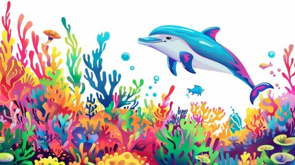 Fototapeta premium Colorful Dolphin in a Coral Reef for Summer Themed Designs