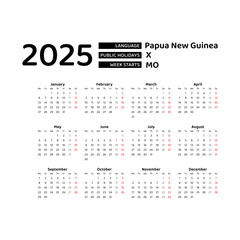 Papua New Guinea Calendar 2025. Week starts from Monday. Vector graphic design. English language.