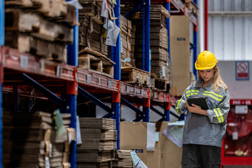 woman worker walking and checking stock items for shipping. Female inspecting the store factory. Logistics employees holding folders at on site warehouse area for shipping transportation.