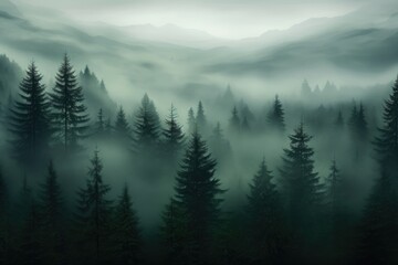 Obraz premium fog on pine forest landscape view