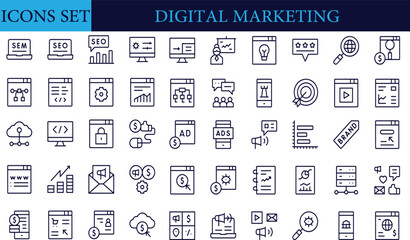 Digital marketing icons set. Content, search, marketing, ecommerce, seo, electronic devices, internet, analysis, social and more line icon