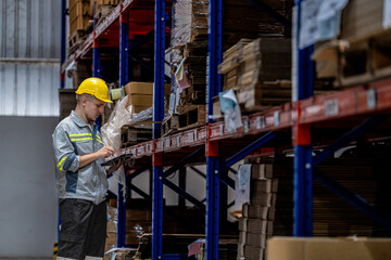 man worker walking and checking stock items for shipping. male inspecting the store factory....