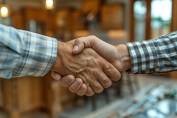 A contractor and homeowner shake hands, signifying a successful collaboration and happy customer during an interior renovation project