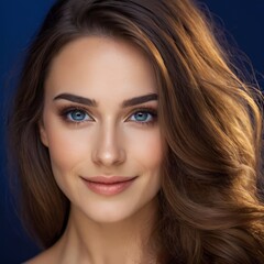 Fototapeta premium Pretty european beauty woman long hair with makeup glowing face and healthy facial skin portrait smile on isolated dark blue background