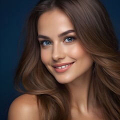 Obraz premium Pretty european beauty woman long hair with makeup glowing face and healthy facial skin portrait smile on isolated dark blue background