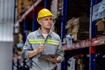 man worker walking and checking stock items for shipping. male inspecting the store factory. Logistics employees holding folders at on site warehouse area for shipping transportation.