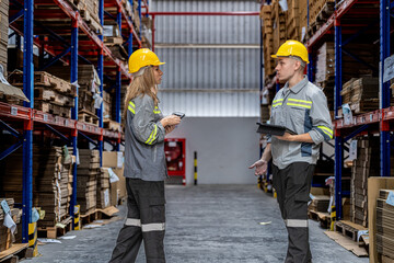 workers walking and checking stock items for shipping. male and female inspecting the store factory. Logistics employees holding folders at on site warehouse area for shipping transportation.