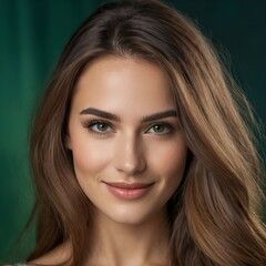 Obraz premium Pretty european beauty woman long hair with makeup glowing face and healthy facial skin portrait smile on isolated dark green background