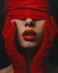 Mysterious Woman: Red Lips, Gloves, and Blindfold

